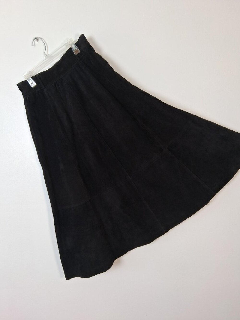 Vintage Margaret Godfrey women's A-line long suede leather skirt, black (size M)
